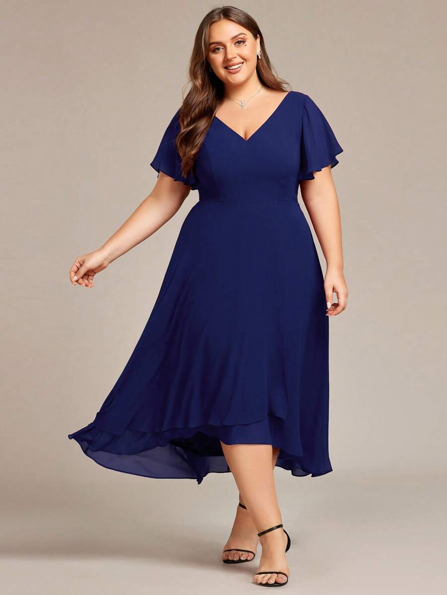 EVERPRETTY Plus Size Elegant High Low Flowing Chiffon V-Neck Ruffle Sleeves Bridesmaid Dress - Navy Blue - View 1