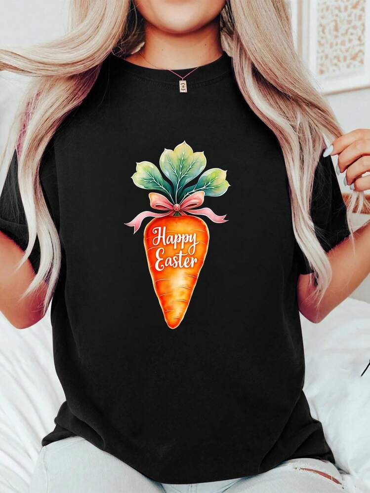 Brushstroke Happy Easter Carrot Coquette Preppy Easter Girls T-Shirt 100% Cotton, Breathable & Comfort Fit, Short Sleeve Crew Neck Top For All Seasons - 黑色 - 查看 1