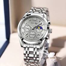 1pc GUANQIN Waterproof Luminous Watch With Rhinestones Calendar Dial Wear-Resistant Stainless Steel Strap Fashion Business Luxury Sporty Classic Simple Casual Mechanical Style Men Automatic Quartz Watch Suitable For Valentine's Day,Festivals,Dating,Business, Daily,Gifts - Silver - View 9