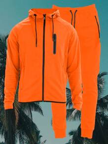 Men Tech Suit Zip Up Track Jacket Hooded Jogger Two PIece Co-Ord Set - trái cam - Xem 1