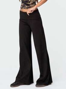 Women Fold Over Yoga Pants Low Rise Solid Color Stretch Casual Straight Wide Leg Palazzo Pants Loose Fit Comfy Flared Leggings Gym Lounge Pants Bootcut Bell Bottoms Baggy Sweatpants Teen Girl Back To School Bottoms Y2k Streetwear - 黑色 - 查看 5