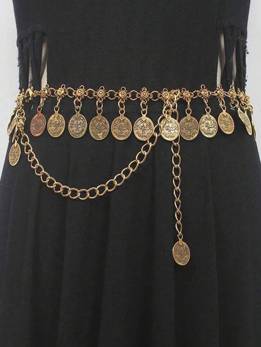 1pc Single Layer Metal Vintage Jingling Coin Waist Chain - Gold - View 1