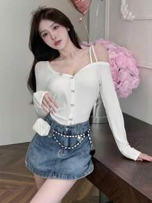 Elegant White Bow Strap Sexy Cold-Shoulder Long Sleeve Top For Women, Suitable For Dates, Outings, And Commuting, Christmas, Autumn/Winter - White - View 2
