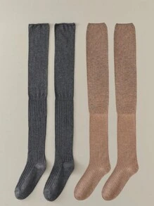 1 o 2 pares de calcetines hasta la rodilla para damas, calcetines gruesos blancos, calcetines largos hasta el muslo de color sólido a juego para botas