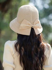 1pc Elegant Bowknot Decor Ladies Summer Bucket Hat, Breathable, Comfort, Wide Brim Sun Protection, Retro Lady Style, Foldable, Suitable For Everyday, Friend Gathering, Beach, Travel, Mother's Day Gift - A - View 4