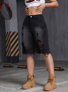 Jeans capri casuales de corte relajado con efecto desgastado y degradado en negro - Negro - Ver 2