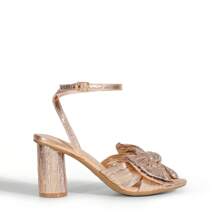 Women Bow Knot Chunky Heeled SandalsFashion Open Toe Ankle Strap Slingback Dress Shoes For Wedding Party Prom - 香檳色 - 查看 5