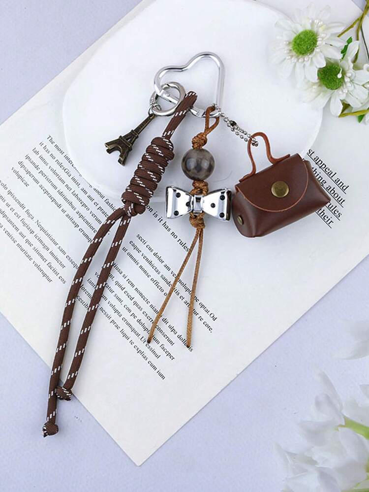 1 pieza Nuevo llavero con colgante de bolso de mano mini para mujer con decoración de Torre Eiffel y lazo, accesorio versátil para bolso/teléfono - llavero de bolsa - Añade 9