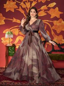 Plus Size Women V-Neck Lantern Sleeve Contrast Color Belt Long Dress - Mocha Brown - View 1