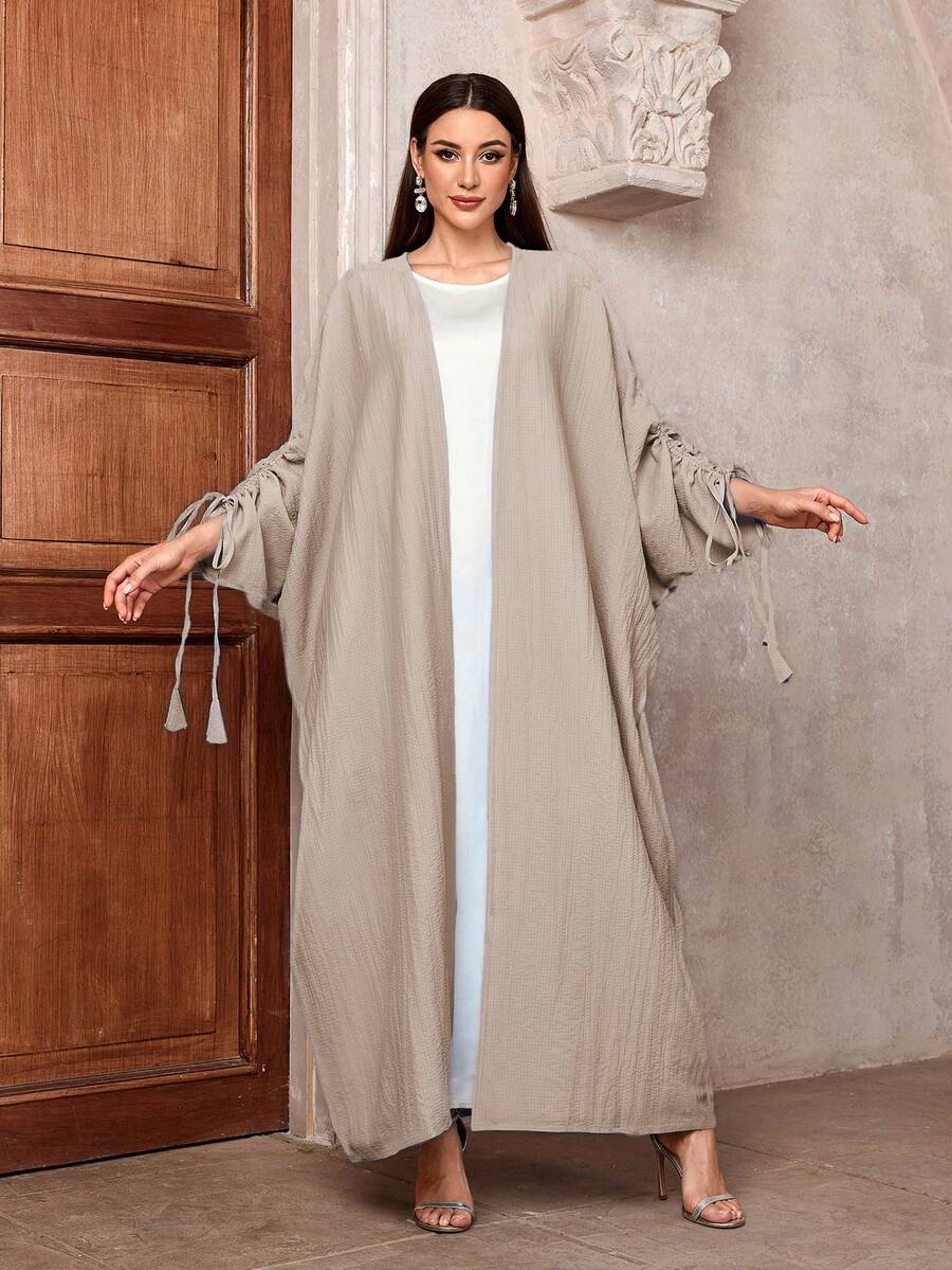 1 件女式优雅纯色米色长裙，蝙蝠袖阿拉伯长袍连衣裙，适合日常、旅行、度假穿着 - 杏色 - 查看 1