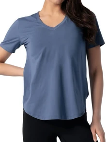 女士V领瑜伽上衣健身跑步运动衫新款宽松弹力短袖T恤