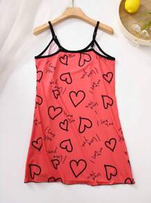 Simple & Fashion Spaghetti Strap Dress With Red Background And Heart Print, Suitable For Summer - Red - View 2