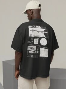 Oversized T-Shirt Turtleneck Unisex Streetwear 100% Cotton Urban Style Workout Casual Black And Off Whte Printed - 黑色 - 查看 1