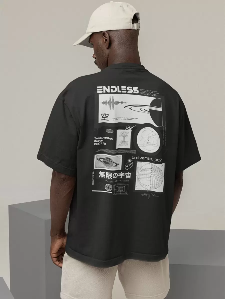 Oversized T-Shirt Turtleneck Unisex Streetwear 100% Cotton Urban Style Workout Casual Black And Off Whte Printed - 黑色 - 查看 1