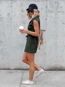 Womens Casual Sleeveless Romper Summer Half Zip Lapel Collar Drawstring Knit Jumpsuit With Pockets - Armé Grön - Visa 5