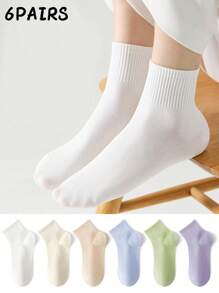 6 Pairs Women's Candy Color Socks, Versatile Breathable Sweat-Absorbent Short Crew Socks For Daily Wear, Spring/Summer - Multicolor - View 1
