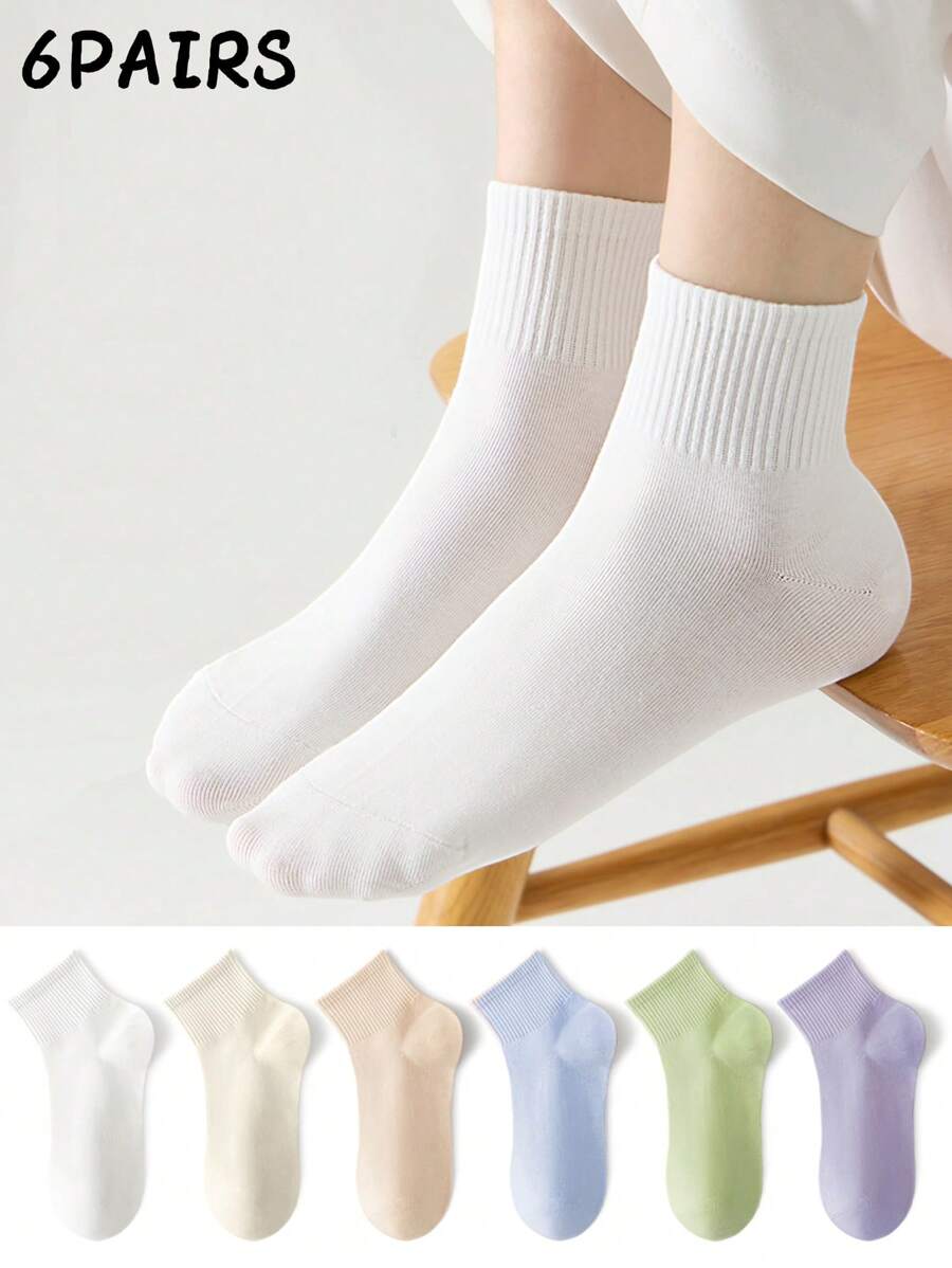 6 Pairs Women's Candy Color Socks, Versatile Breathable Sweat-Absorbent Short Crew Socks For Daily Wear, Spring/Summer - Multicolor - View 1