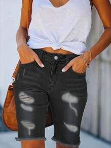 Quần short denim rách lưng vừa màu trơn mùa hè dành cho nữ - màu đen - Xem 6