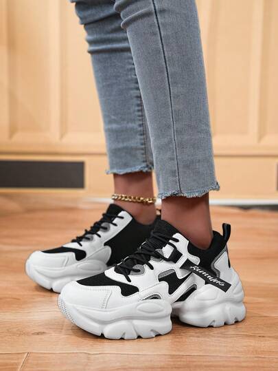 1 par de zapatillas deportivas de mujer informales y gruesas, zapatos deportivos de moda versátiles y transpirables para correr