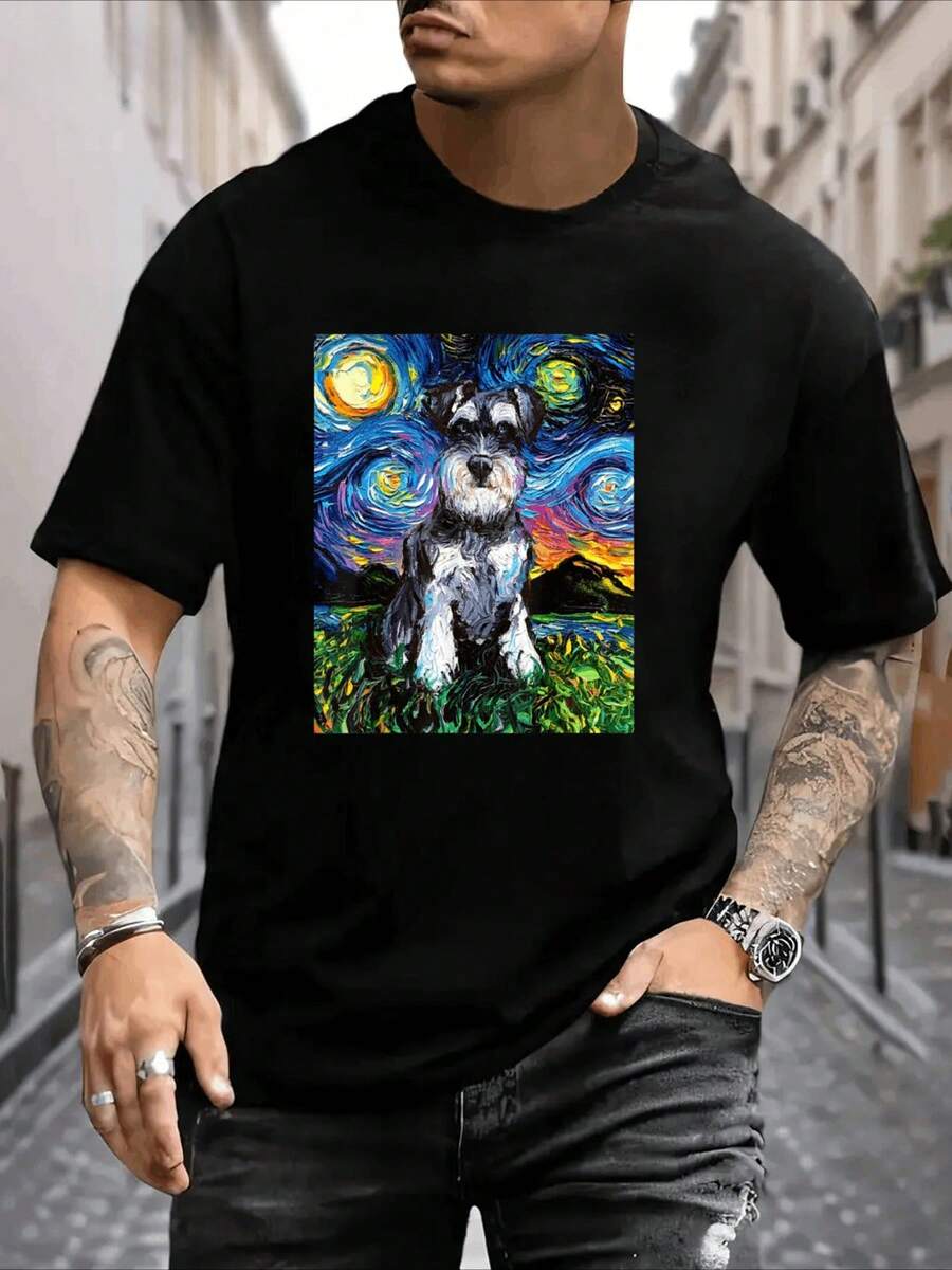 Camiseta creativa de manga corta con estampado de Van Gogh Starry Sky Schnauzer, top de algodón pesado de 220g - Negro - Ver 1