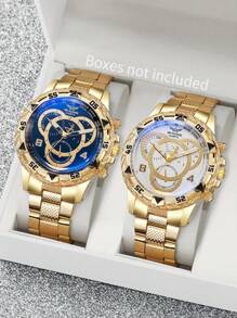 2 件男士精品商务风格休闲石英表经典时尚高端优雅男士手表适合派对和日常 - 金色 - 查看 1