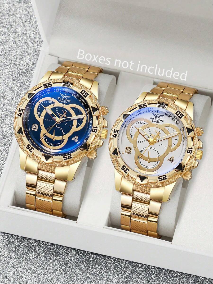 2 件男士精品商务风格休闲石英表经典时尚高端优雅男士手表适合派对和日常 - 金色 - 查看 1