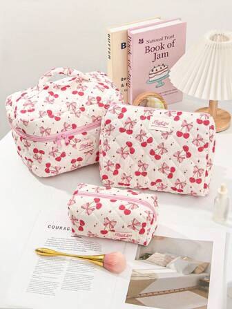 1PC/Set Of Beautiful Pink Bow Cherry Large Capacity Portable Makeup Bag, Tote Bag, Lightweight Quilting Bag 1 Set. Cute High-End Makeup Bag Handbag, Multifunctional Accessory Set, Portable Large Open Zipper Travel Bag. Multi-Function Accessories Kit, Size Capacity Makeup Bag, Makeup Bag,Multifunctional Accessory Bag, Small Portable Makeup Bag. Bath Bag, Skin Care Bag, Sanitary Napkin Bag. Make Up Bag