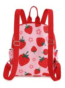 Girls Cute Strawberry Printing Backpack, Daily Mini Sweet Daypack For Teenagers And Students, Patchwork Design Women Double Shoulder Bag, School Backpack - Pink - View 6