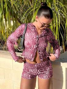 Sexy Sheer Mesh Floral Print Cardigan & Fitted Shorts 2-Piece Set - Pink - View 1