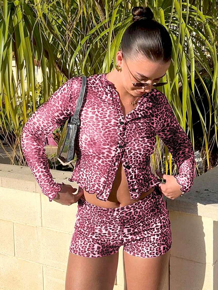 Sexy Sheer Mesh Floral Print Cardigan & Fitted Shorts 2-Piece Set - Pink - View 1