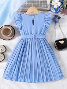 Young Girls Pleated Frill Trim Solid Color Round Neck Dress With Belt - Baby Blue - View 2