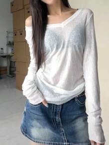 Women Long Sleeve T Shirt Thin Perspective Summer Solid Slim Casual Shirts Female Pullovers Basic Tee Y2k Clothes Streetwear Top - Black - View 6