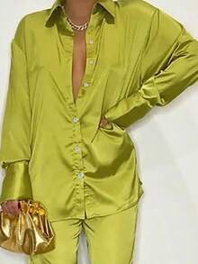 新款女士长袖缎面翻领露肩衬衫及休闲裤套装 春季 - 橄欖綠 - 查看 2