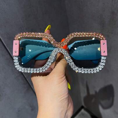 1 Paar Damen Randlose quadratische Rahmen mit Strass Modebrillen für Sommer Strand Urlaub, Outdoor, Reisen