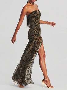 Women Y2k Tube Top Maxi Dress Strapless Backless Tropical Leopard Print Mesh Patchwork High Slit Long Dress Party Club Prom Bodycon Dresses Summer Beach Going Out Dresses - màu nâu - Xem 4