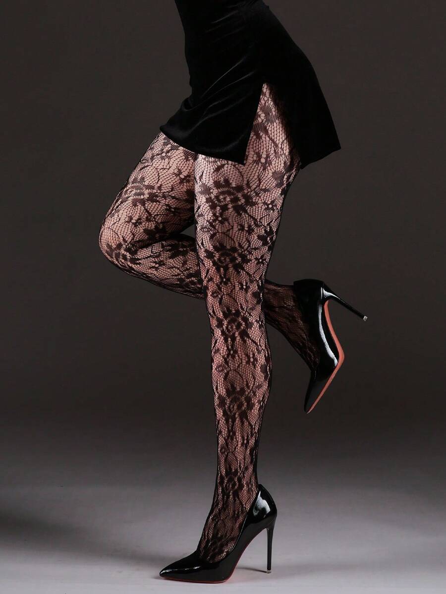[DazzleLegs] 女士高弹力网眼连裤袜，时尚性感镂空复古黑色丝袜，适合万圣节、圣诞节、Y2K风格 - 黑色 - 查看 1