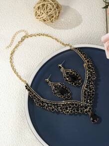 3pcs/Set Women Bride Wedding Necklace & Earrings Jewelry Set, Exquisite Party/Wedding Accessories Combination - Black - View 8