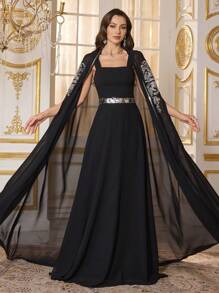 SUPGIR Strapless Sequins Embellished Dress, Convertible To Long Sleeve Gown, Elegant Evening Party Dress - Black - View 5