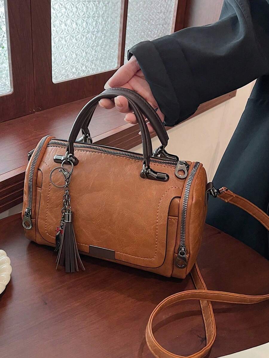 流苏装饰手提包，女士大容量单肩包，时尚拉链斜挎包，带可拆卸肩带