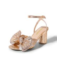 Women Bow Knot Chunky Heeled SandalsFashion Open Toe Ankle Strap Slingback Dress Shoes For Wedding Party Prom - 香檳色 - 查看 4