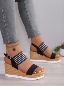 Strap Buckle Platform Wedge Sandals, Comfortable Thick Sole Open Toe High Heels - Black - View 4