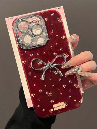 1 pieza Elegante funda de teléfono con lazo metálico 3D floral rojo - Recorte preciso para cámara, funda protectora suave compatible con iPhone 7/8 Plus, X, XR, XS Max, 11, 12, 13, 14, 15 Plus, 16 Pro Max, 17 Pro Max