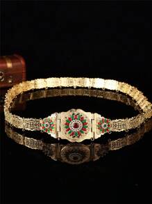 1pc Moroccan Luxury Women Long Robe With Gold Belt, Featuring Circular Floral Pattern Hollow Carving Inlaid With Abundant Rhinestones, Suitable For Females To Wear At Wedding Ceremony, Gala Dinner And Festival Occasions - Gold + White - View 3