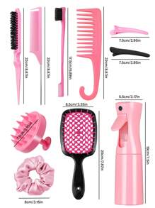 6/14件套卷发造型梳套装，包含：直发梳、空心梳、喷雾瓶、洗发梳、带钩宽齿梳、蓬松梳、尖尾梳、边缘梳（适用于粗细发质的边缘和后脑勺造型）、自然卷发造型工具以及各种美发配件。适用于理发店、美容院、旅行必备美发产品、护发用品和美发配件。 - 黑色+粉紅色 - 查看 12