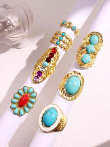 7 件套时尚复古绿松石金色戒指套装，女士珠宝配饰，日常佩戴 - 彩色 - 查看 5