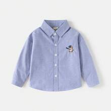 Young Boy Spring Casual Embroidery Long Sleeve Button Front Shirt - Blue - View 3