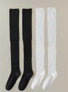 1 o 2 pares de calcetines hasta la rodilla para damas, calcetines gruesos blancos, calcetines largos hasta el muslo de color sólido a juego para botas