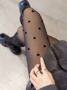 女士黑色爱心印花时尚超薄连裤袜，适合夏季通勤外出 - 黑色 - 查看 2