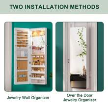 HNEBC LED 镜面珠宝柜，47.2 英寸壁挂式珠宝收纳柜，带全身镜，门上悬挂式珠宝柜储物柜，折叠梳妆台，2 个抽屉，可上锁，3 个架子，化妆品收纳架，适合返校季