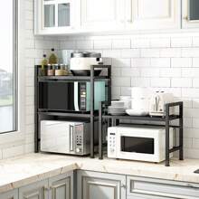 Expandable Microwave Rack, 3-Tier Kitchen Microwave Stand, Carbon Steel Microwave Holder For Countertop, Kitchen Storage Organizer With 6 Hooks - Black - View 5